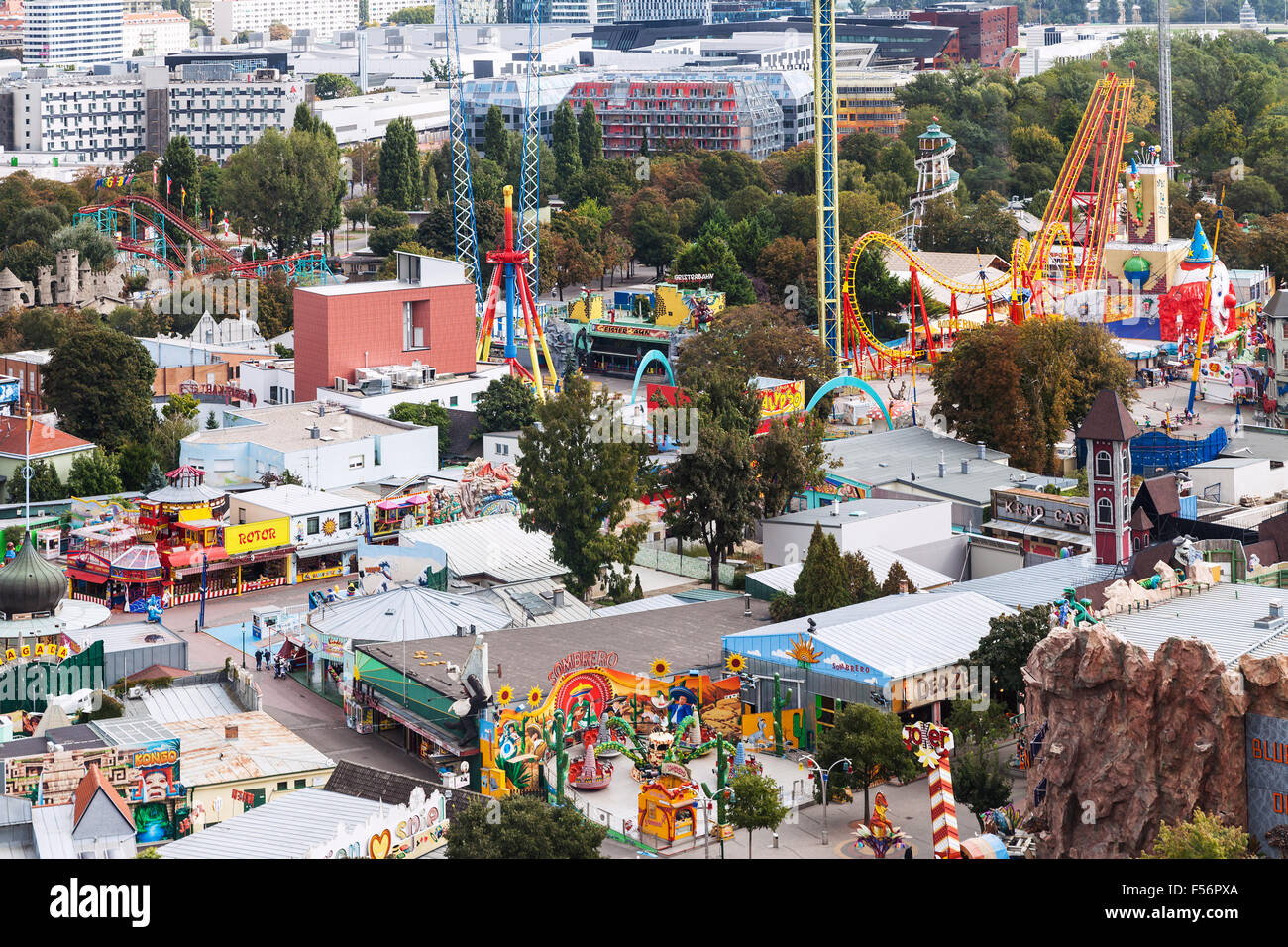 VIENNA, AUSTRIA - SEPTEMBER 30, 2015: above view of amusement park Wurstelprater in Wiener Prater park in Vienna. The Prater par Stock Photo