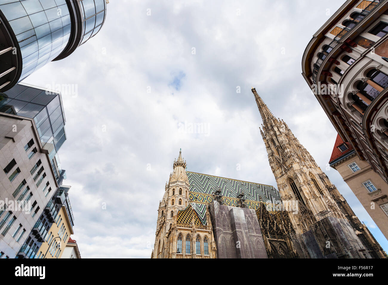 travel to Vienna city - gray clouds over St Stephen Cathedral and Stephansplatz, Vienna , Austria Stock Photo