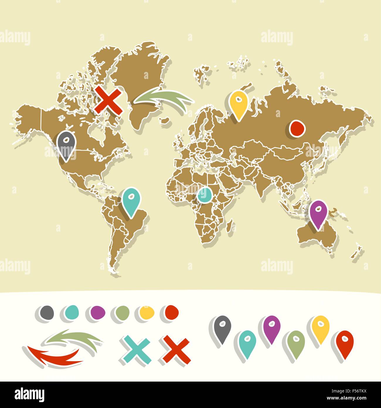 Hand drawn world map with pins and arrows vector design. Cartoon style