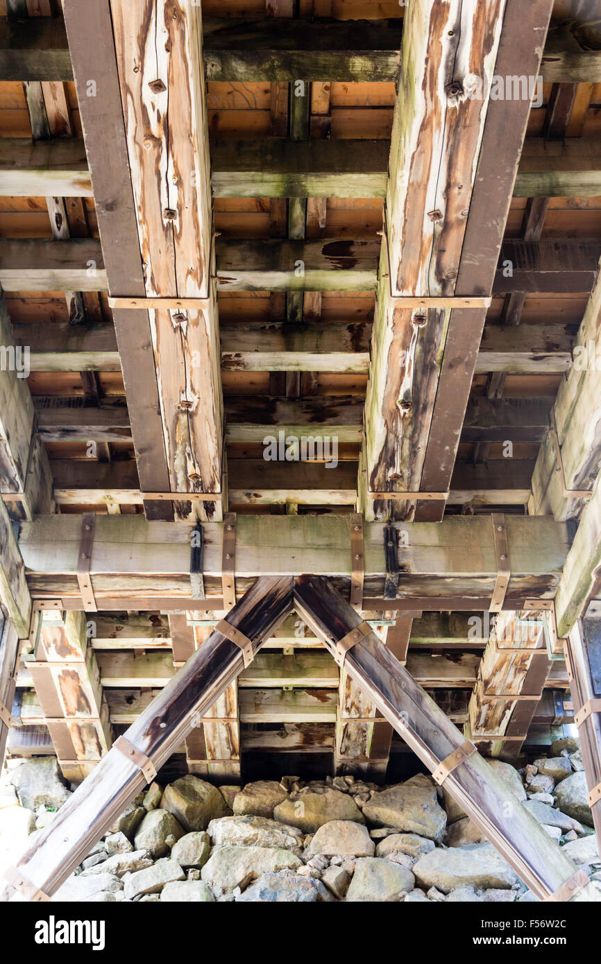 Japan, Hikone castle. Rokabashi, wooden corridor bridge leading to the main entrance. Looking up at the underside showing the construction details. Stock Photo