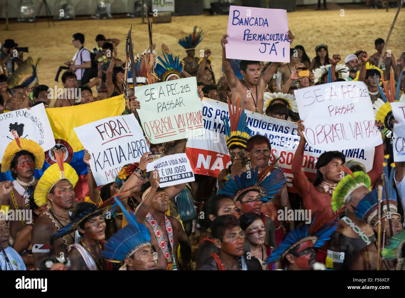 Palmas, Brtazil. 28th Oct, 2015. Indigenous people wave banners in protest against PEC 215, a proposal to amend the Brazilian constitution to water down indigenous rights during the International Indigenous Games, in the city of Palmas, Tocantins State, Brazil. Credit:  Sue Cunningham Photographic/Alamy Live News Stock Photo