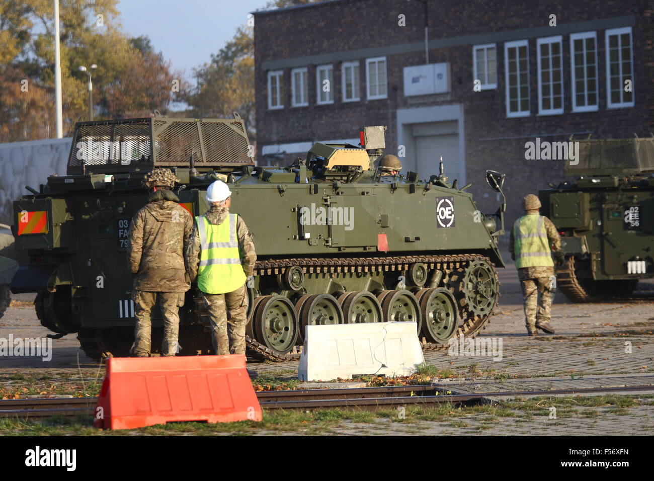 Gdansk , Poland 28th, Oct. 2015 Hundreds of British military equipment and troops wait to be loaded on the ship in Gdansk Port. British soldiers back to home after military maneuvers in Drawsko Pomorskie and Orzysz in Poland. Credit:  Michal Fludra/Alamy Live News Stock Photo