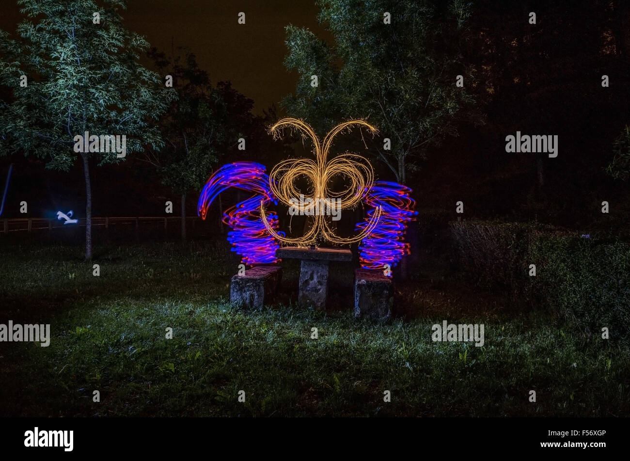 Light painting in the park of Pamplona citiy in Spain Stock Photo