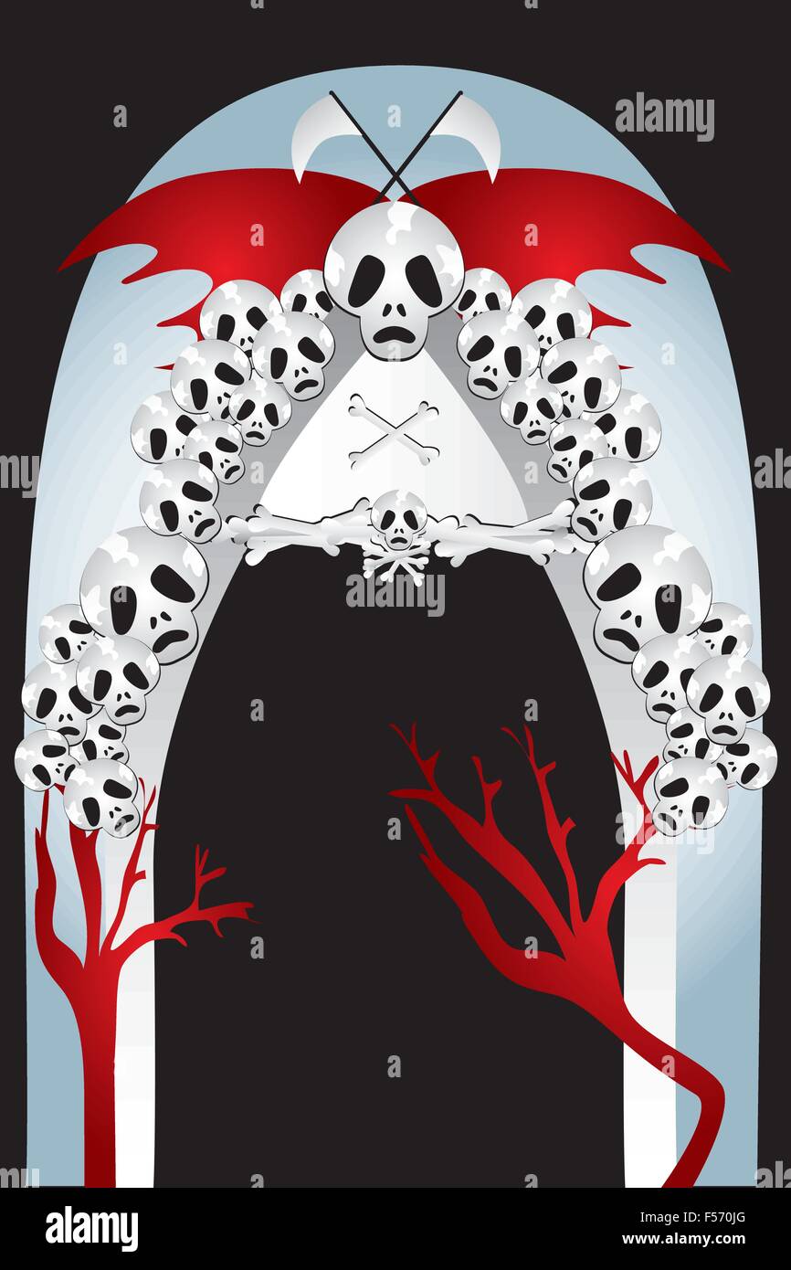 Entrance to the kingdom of death - eps10 vector illustration with skulls and bones, bat wings, sickles and trees of blood Stock Vector