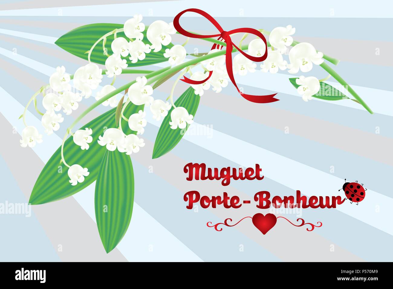 The Lily of the valley as lucky charm - French texted card (Muguet - Porte- Bonheur) with lillies of the valley, red ribbon, lady Stock Vector Image &  Art - Alamy