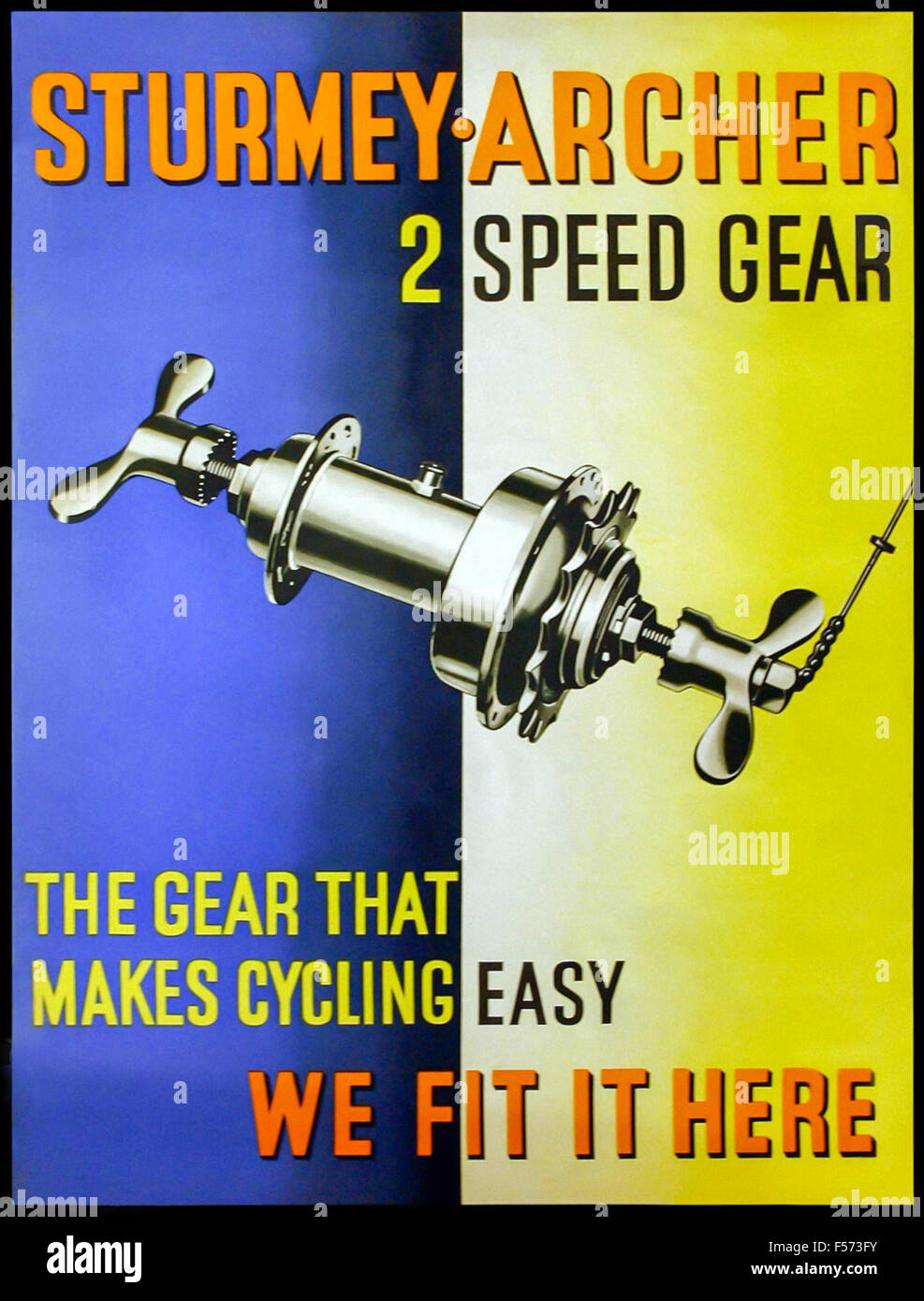 Sturmey-Archer bicycle company 2 Speed Gear hub outlet 1935 poster 'The gear that makes cycling easy - We fit it here' for display by stockists. Stock Photo