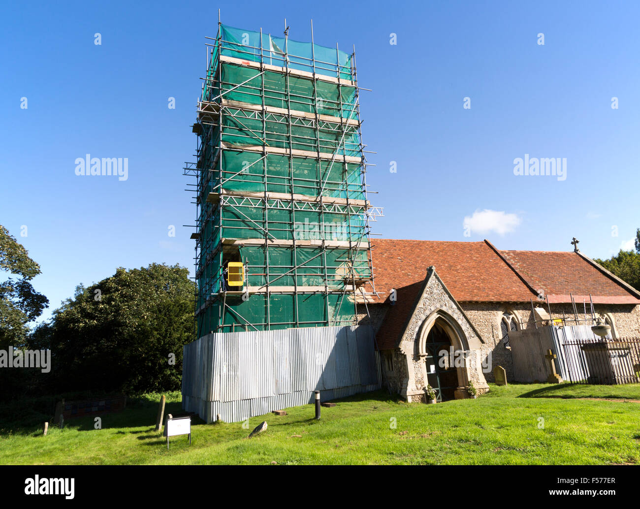 Scaffolding repair of ancient tower, St Margaret's church, Shottisham, Suffolk, England, UK Stock Photo