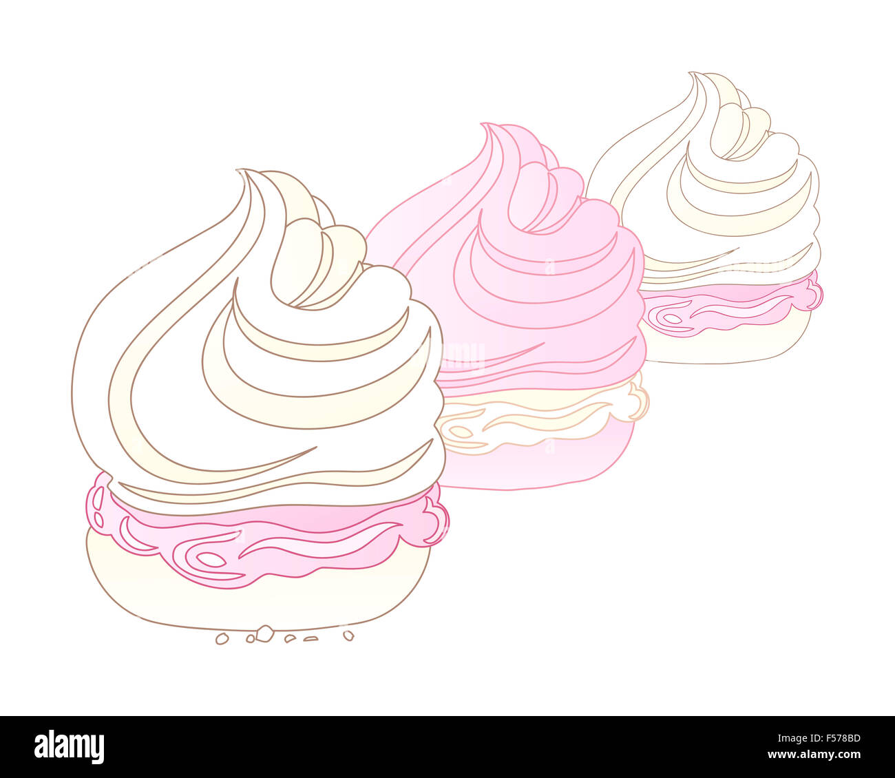 an illustration of three sweet swirly meringue desserts with cream filling on a white background Stock Photo