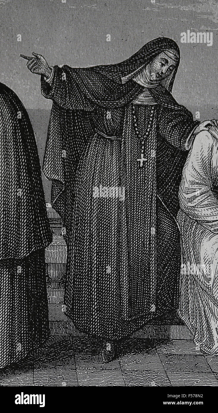 Nun of the Order of Poor Clares. Catholic Church. Medieval. Engraving. 19th century. Stock Photo