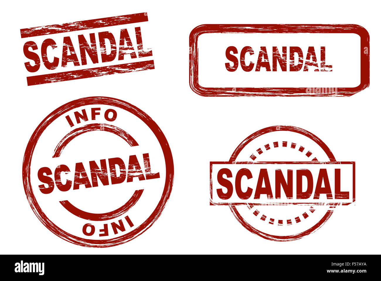 Set of stylized stamps showing the term scandal. All on white background. Stock Photo