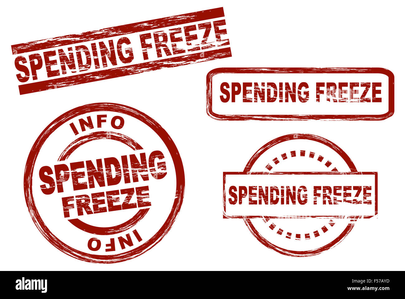 Set of stylized stamps showing the term spending freeze. All on white background. Stock Photo