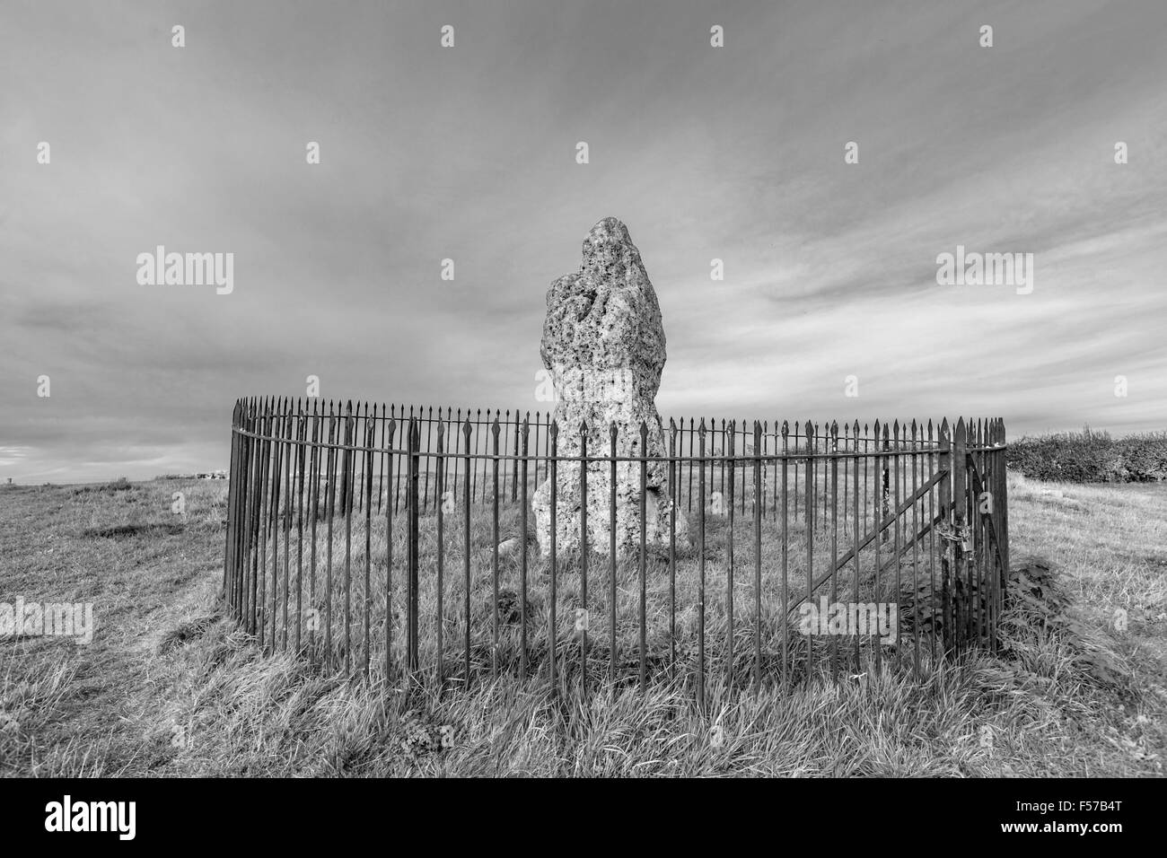 The King Stone, part of the Rollright Stones in monochrome, thought to be a Bronze Age grave marker, Oxfordshire, England, UK Stock Photo