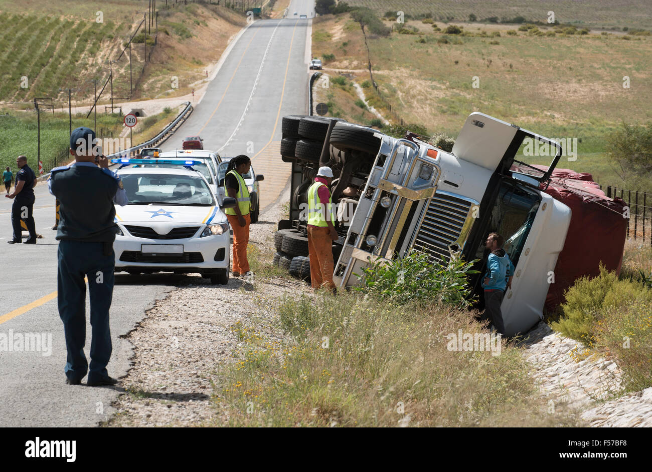 Overturned lorry on the Cape Namibia route at Citrusdal north of Cape Town South Africa Stock Photo