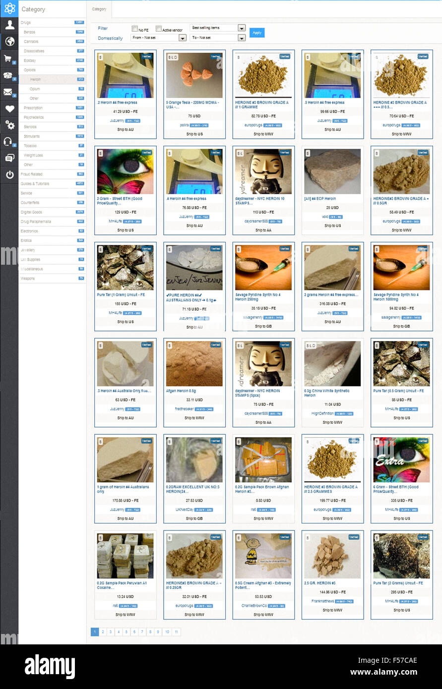 Nucleus Marketplace for illicit goods (drugs, counterfeits, weapons) accessed through the darknet (Tor network). Opioids, heroin subcategory page shown with images of various types of heroin on offer. Nucleus established 24 November 2015, photograph taken: October 2015. Stock Photo