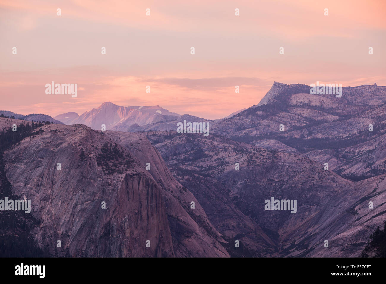 Sunset over Half Dome, at Washburn Point, Yosemite National Park. Stock Photo