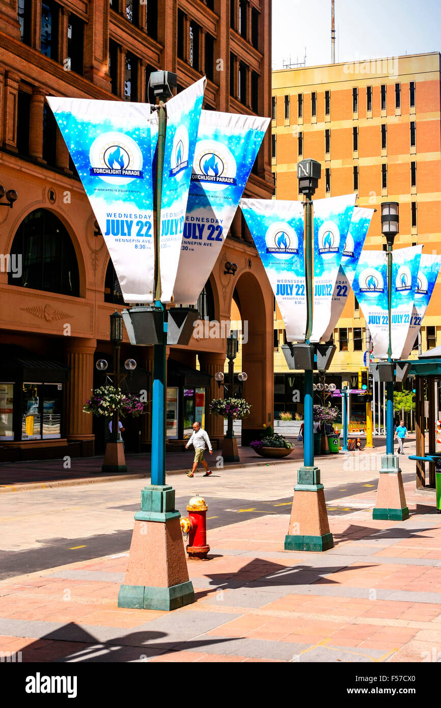 Advertising banners for the Minneapolis torchlight parade on July 22 at