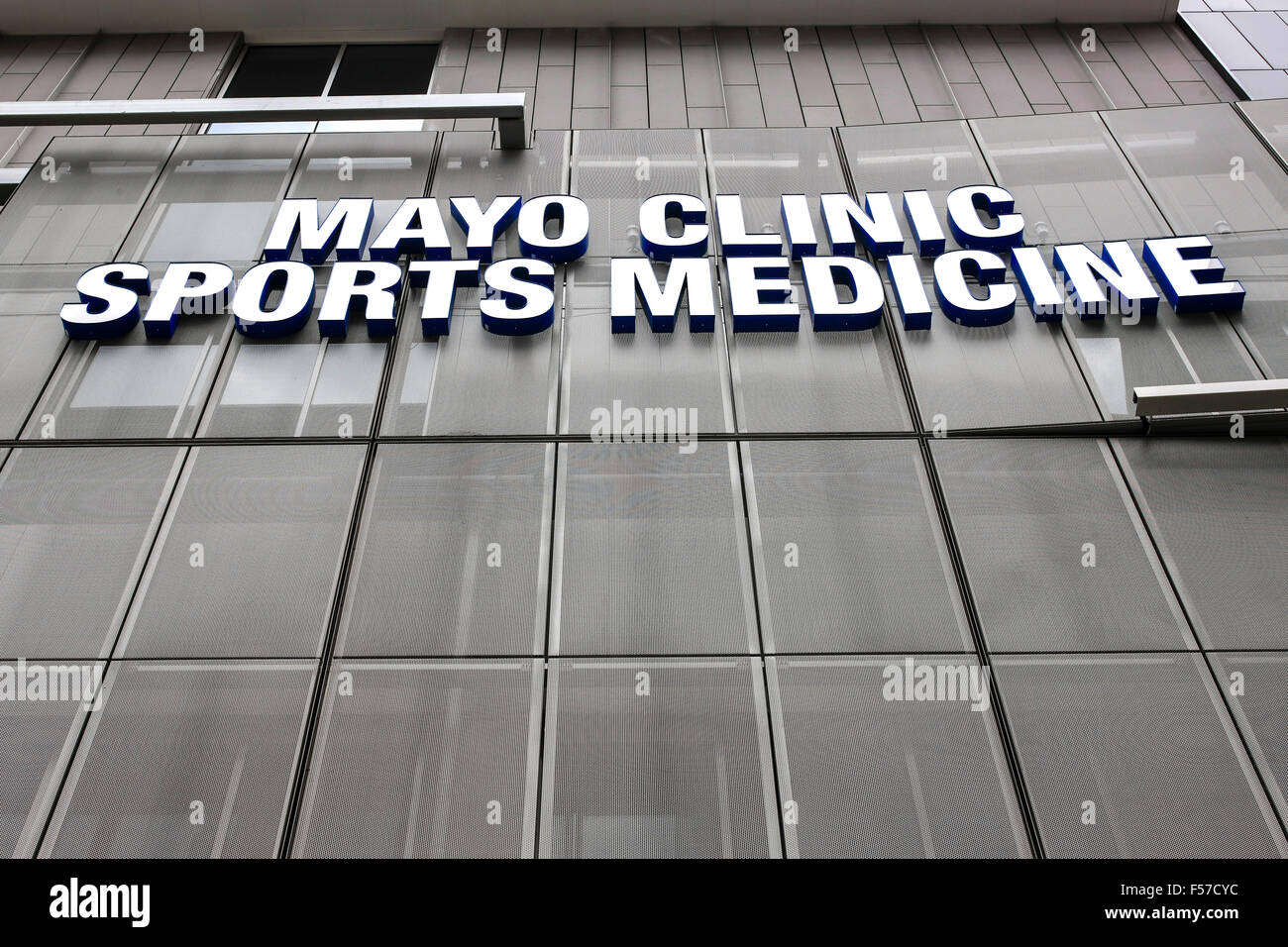 The Mayo Clinic building overhead wall sign in downtown Minneapolis Stock Photo