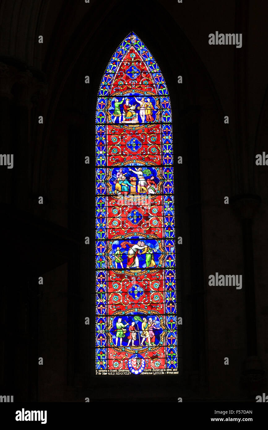 Stained glass window in Lincoln Cathedral. Stock Photo