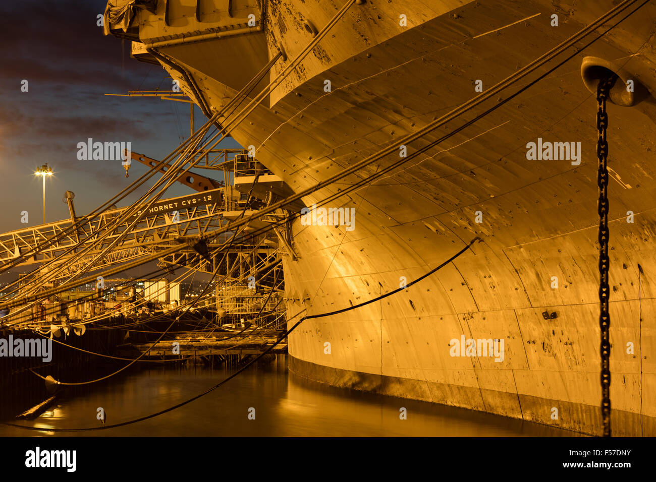 USS Hornet. Historic Navy aircraft carrier, docked in Alameda, CA. Stock Photo