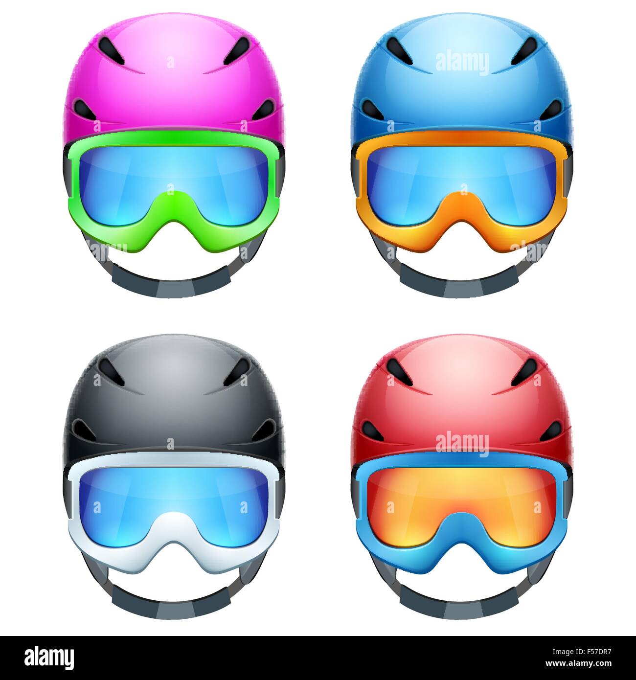 Set of Classic Ski helmets and snowboard goggles. Vector isolated on