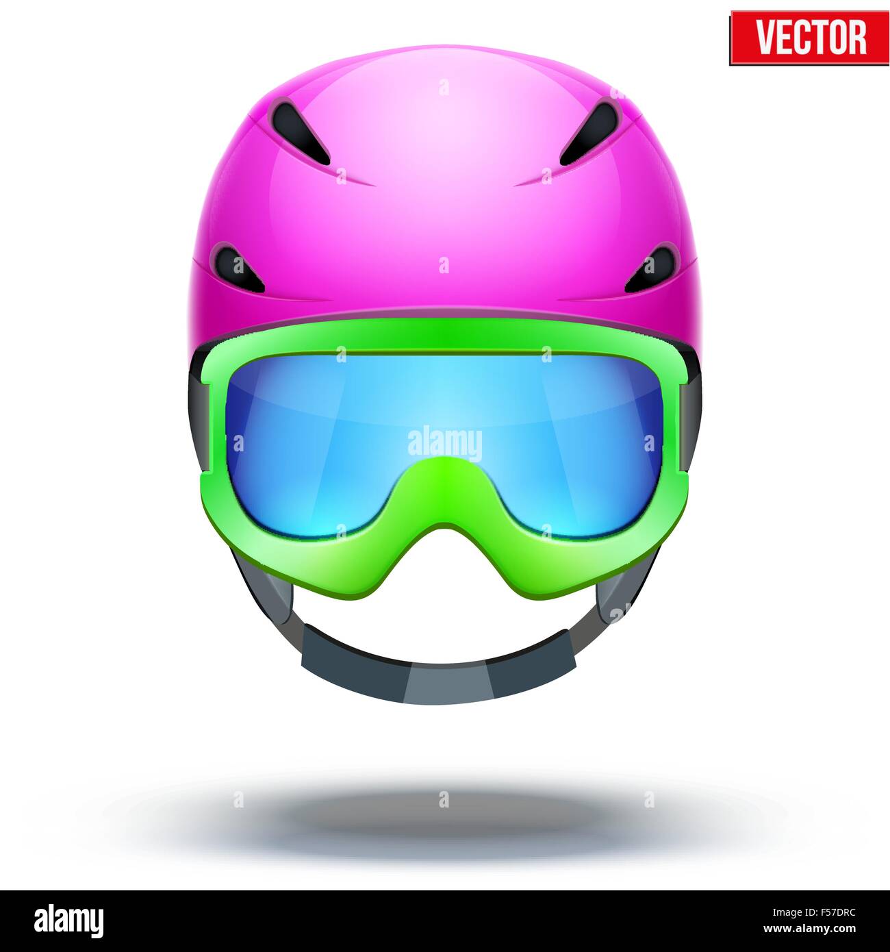 Front view of Classic pink Ski helmet and green snowboard goggles. Vector isolated on white