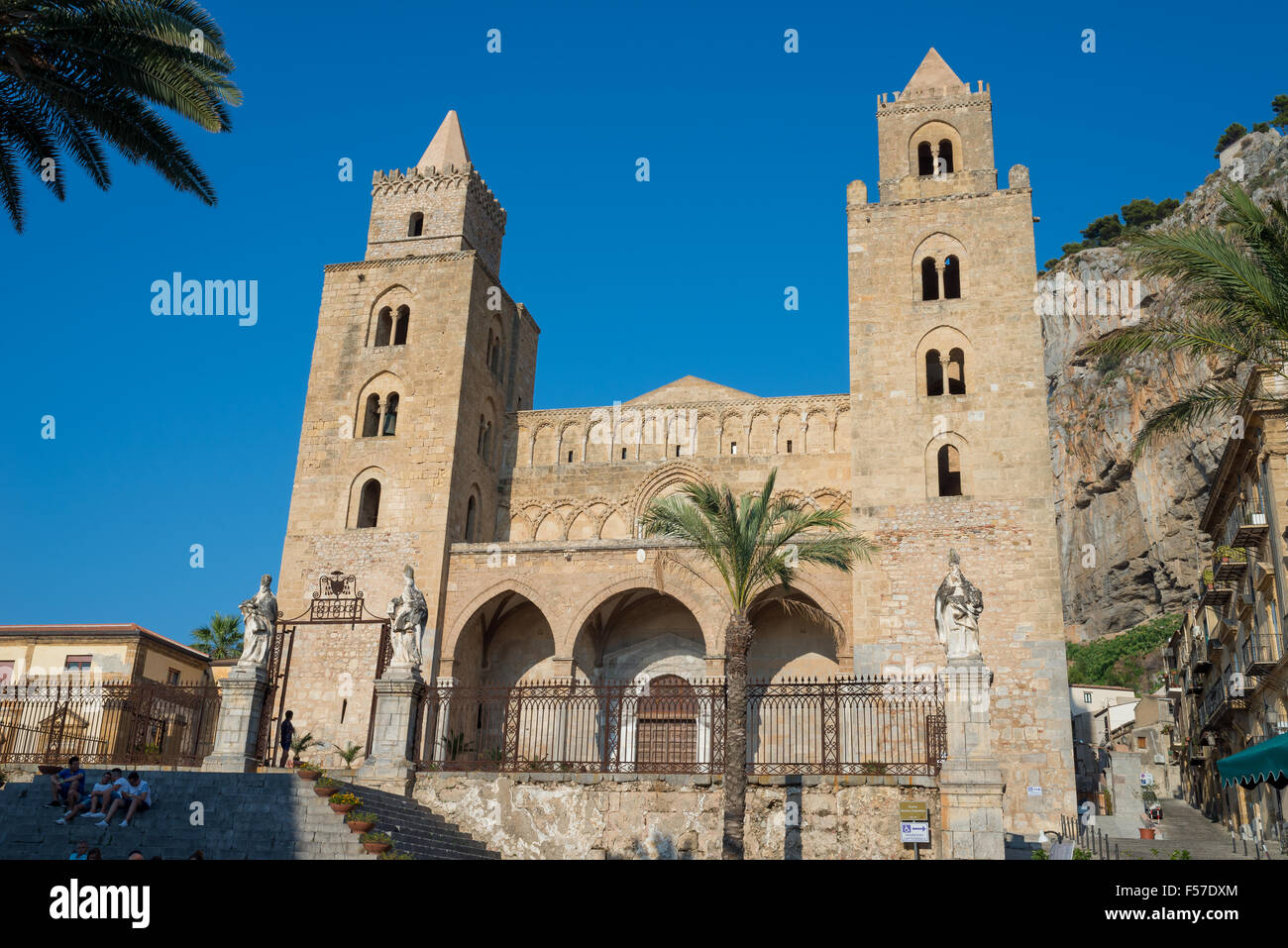 Principal facade, Norman style, of Cathedral Basilica of Cefalu, Sicily. Italy. The famous facade Stock Photo