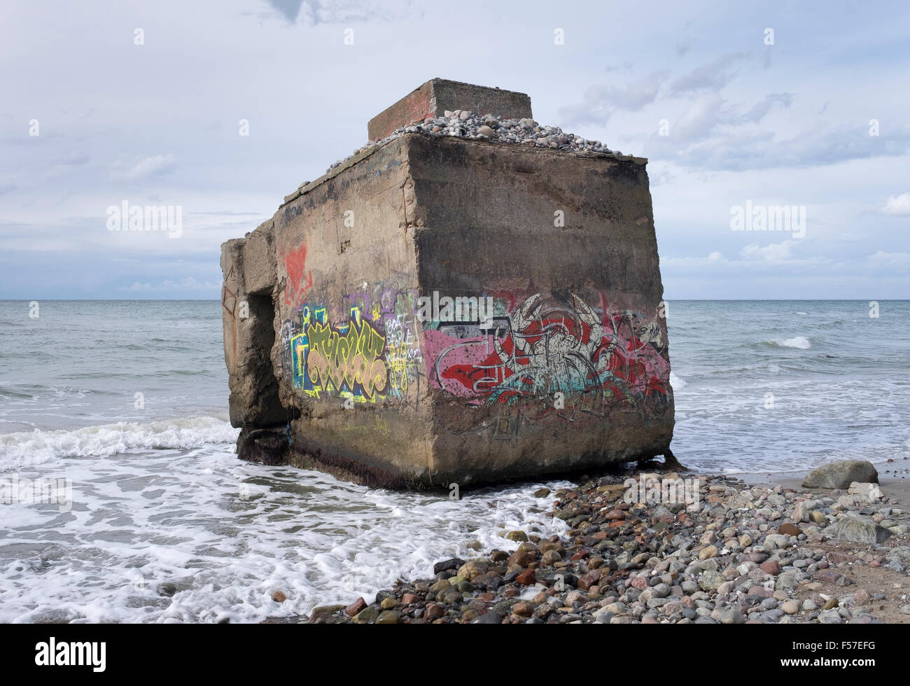 Bunker with graffiti, Hohes Ufer between Wustrow and Ahrenshoop, Fischland, Fischland-Darß-Zingst, Baltic Sea Stock Photo