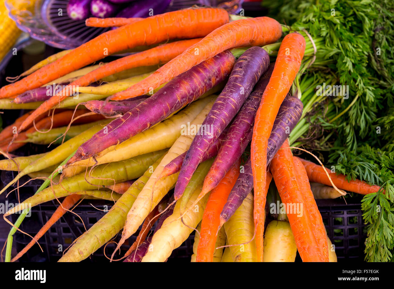 Sale of root vegetables at weekly market, Santanyi, Mallorca, Balearic Islands, Spain Stock Photo