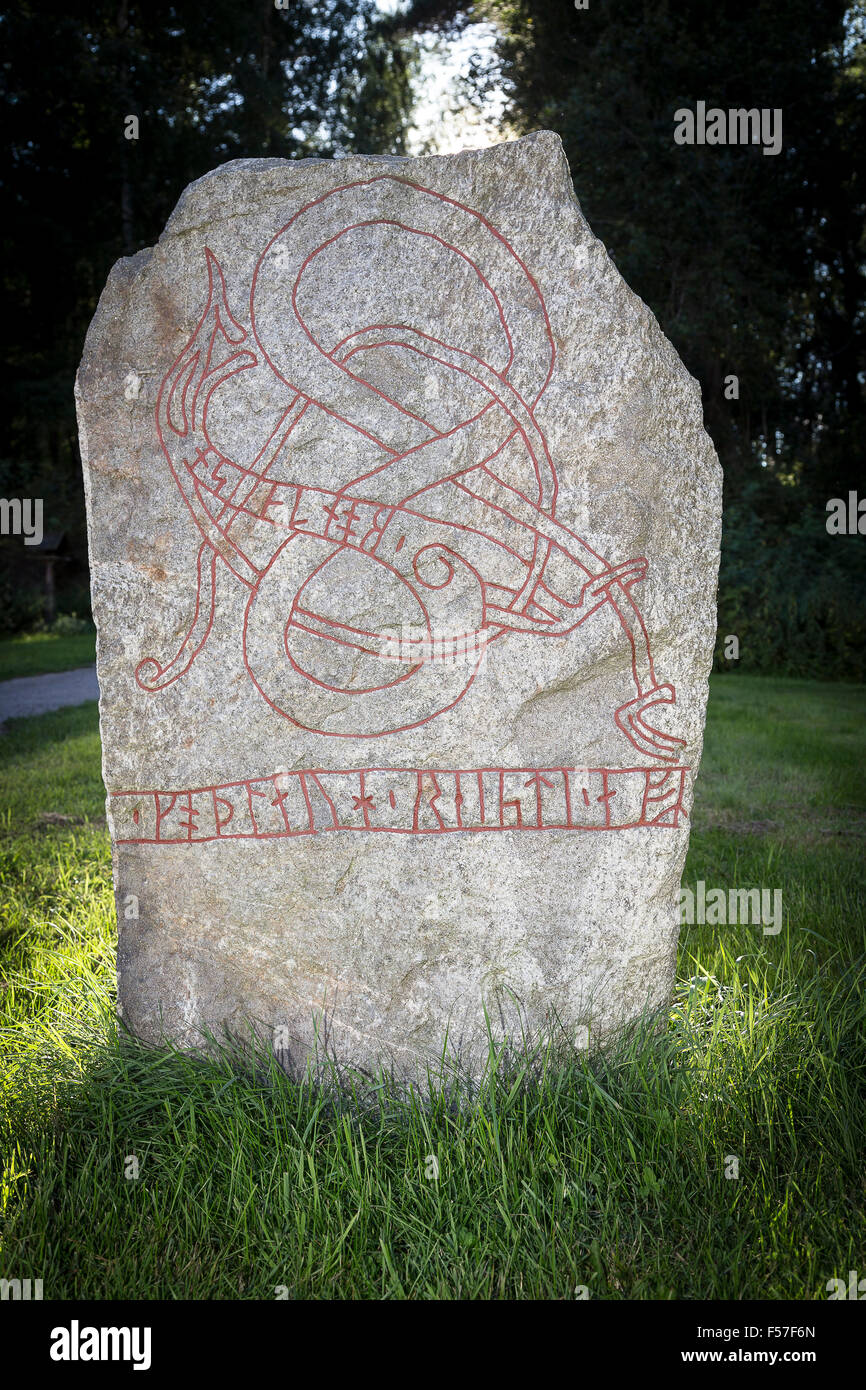 Runestone U Fv1972;172, Upplands Väsby, Uppland, Sweden. Text: 'Guðlaug raised (the stone) in memory of her husbandman.' (Guðlau Stock Photo