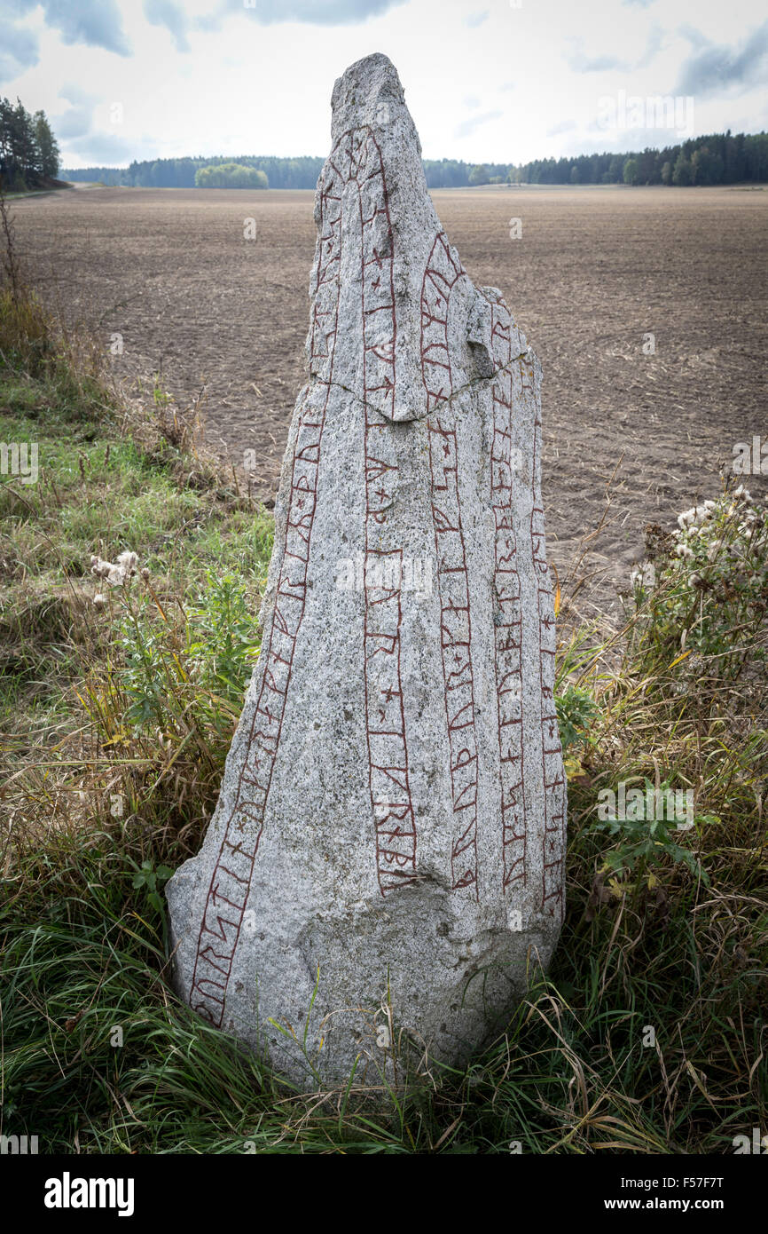 Runestone U 338, Granby, Orkesta parish, Uppland, Sweden. Text:  'Þorsteinn and Ragnfríðr, they raised this stone in memory of B Stock Photo