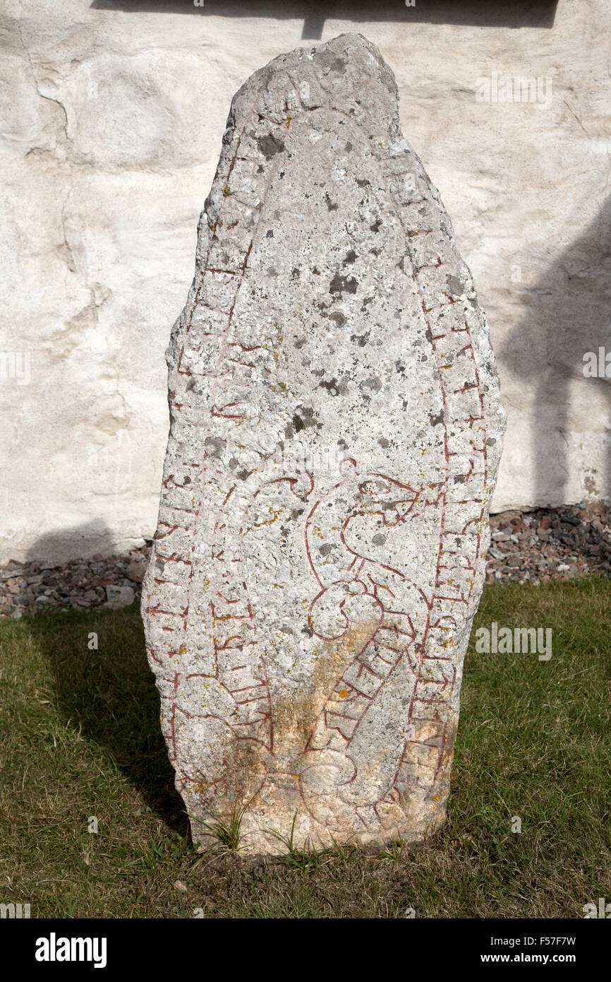 Runestone U 344, Yttergärde (now in Orkesta Church, Orkesta parish), Uppland, Sweden. Stock Photo