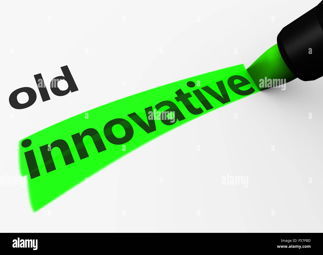 Innovation in business concept with a 3d render of old text and innovative word highlighted with a green marker. Stock Photo