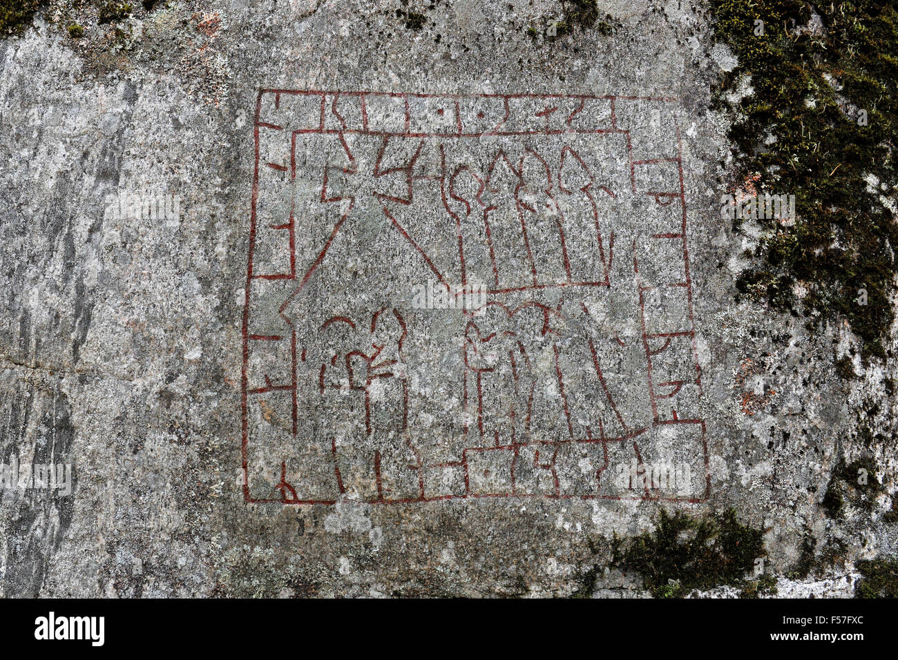 First picture of church interior in Sweden showing on-going church service. Rune inscription U 529, Sika, Frötuna parish, Uppland, Sweden. Stock Photo