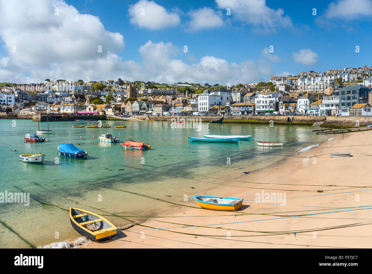 View over the fishing harbour of St Ives, seen from Smeatons Pier, Cornwall, England, UK Stock Photo