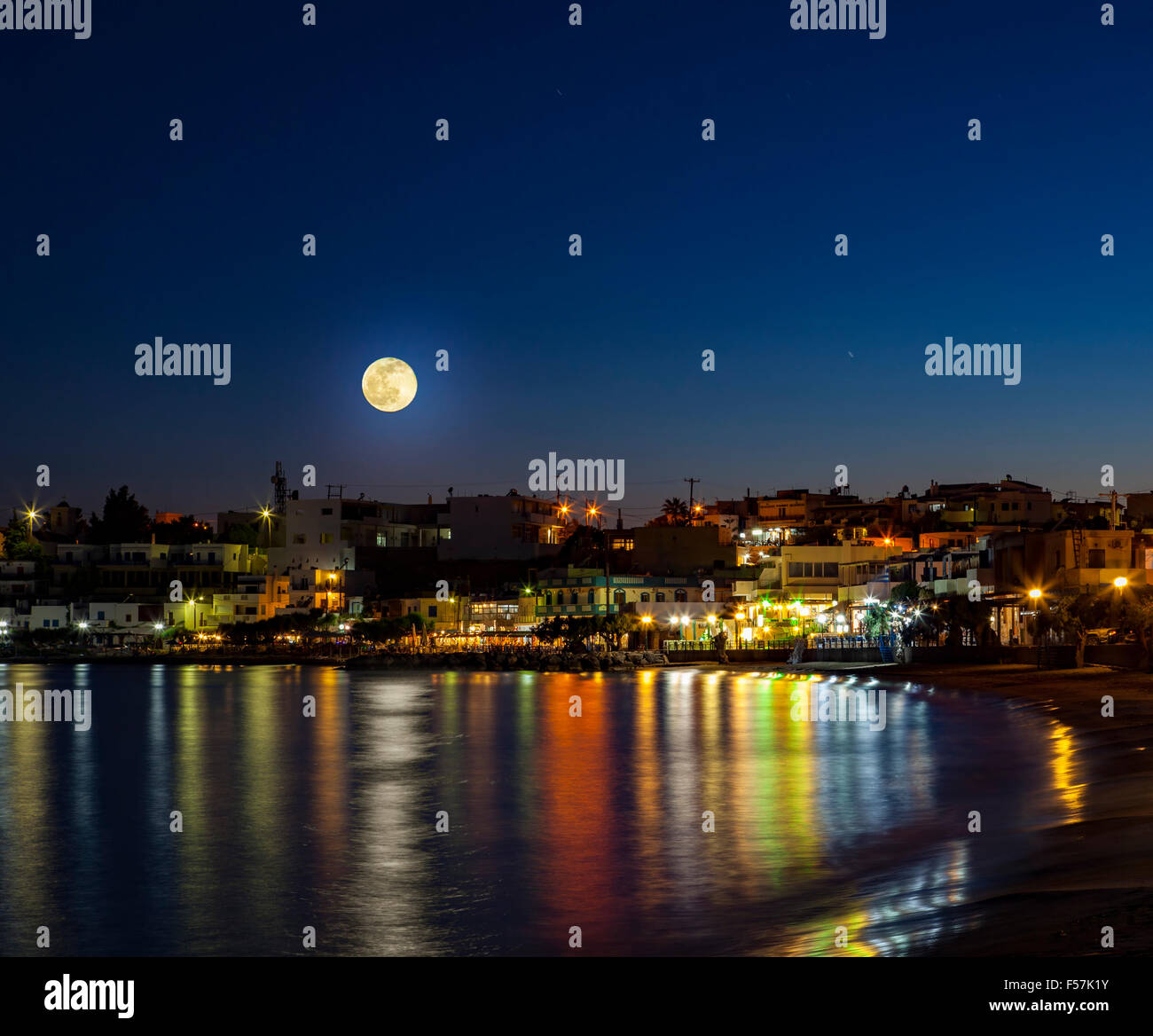 Image of the village of Makrigialos in moonlight. Crete, Greece. Stock Photo