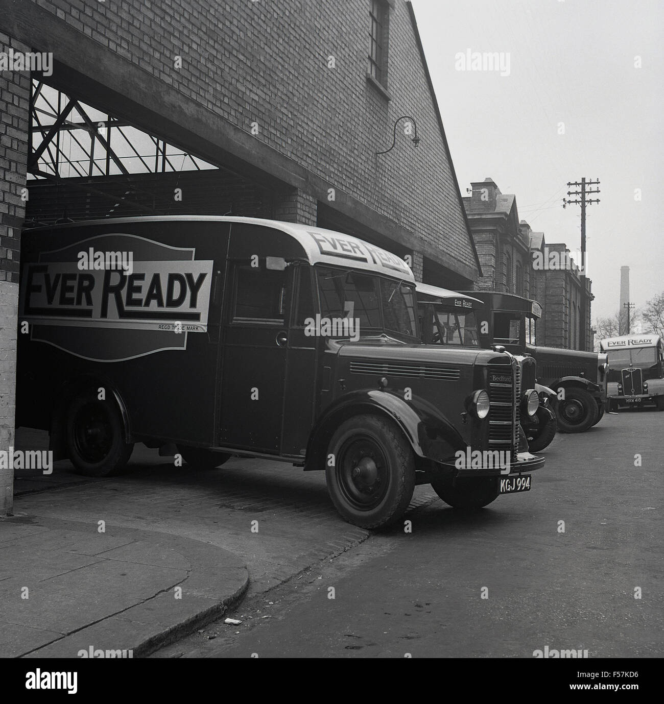 1950s historical, Ever ready delivery vans leaving the depot Stock Photo -  Alamy