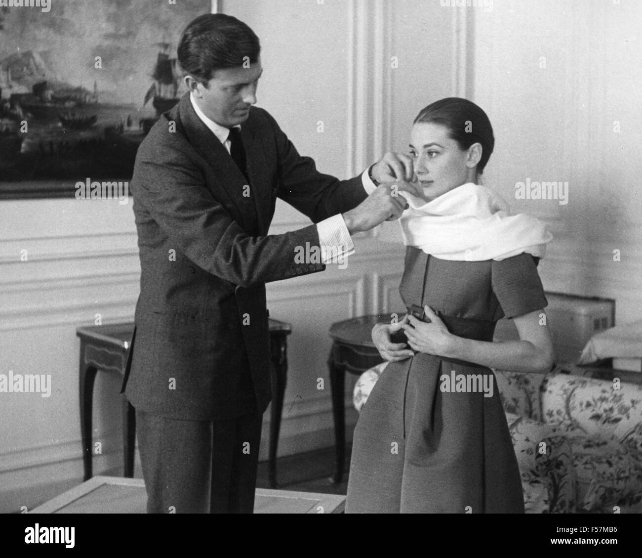AUDREY HEPBURN with French fashion designer Hubert Givenchy about 1957. Stock Photo