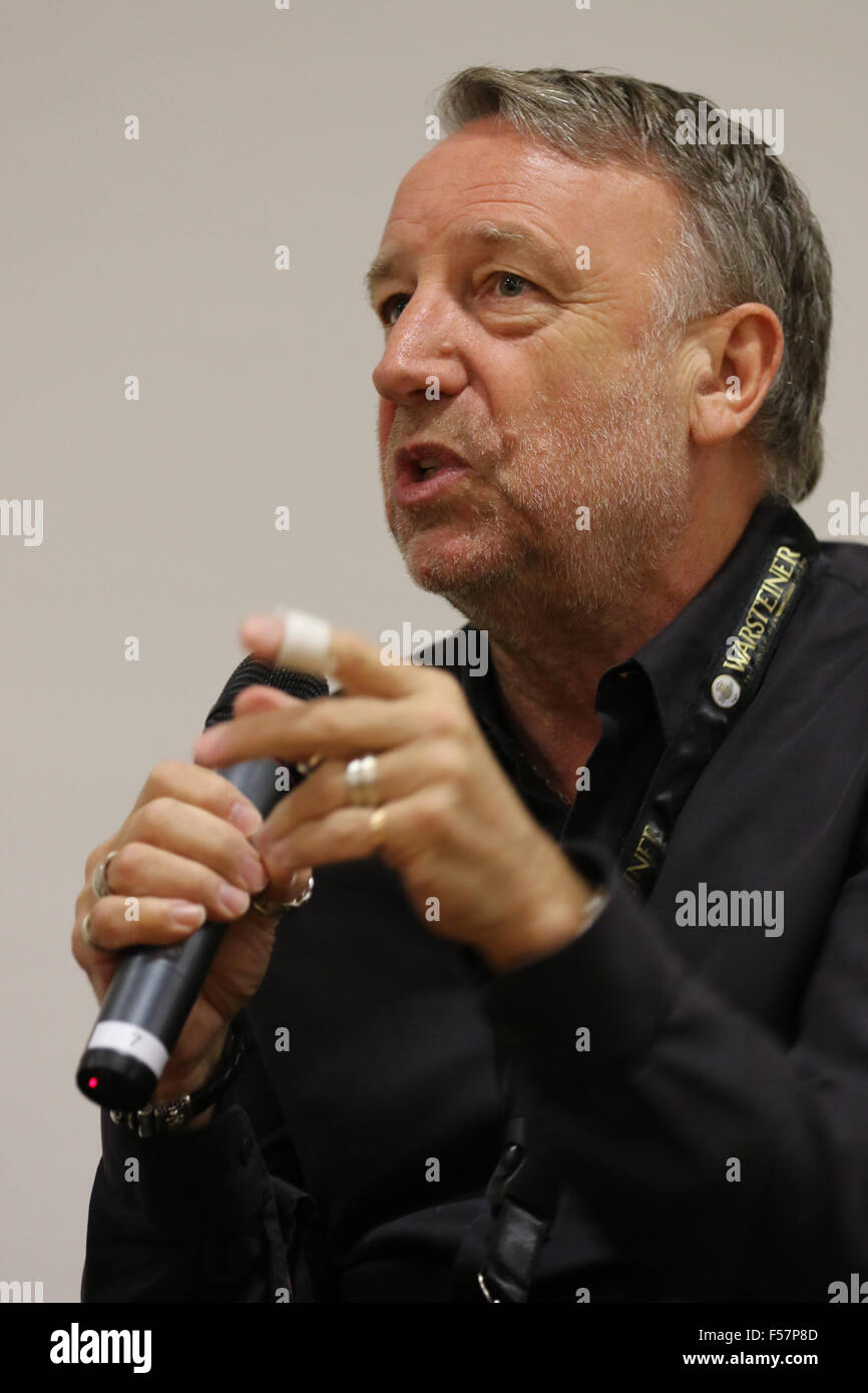Dusseldorf, Germany. 29 October 2015. Electricity Conference celebrating electronic music in the capital of this genre. Joy Division, New Order and The Light bassist, Peter Hook, discusses his musical career and influences, with questions by Rob Keane. Credit:  Ashley Greb/Alamy Live News Stock Photo