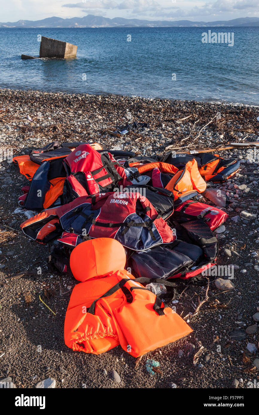 Life jackets left by migrants and refugees on the beach on Kos island