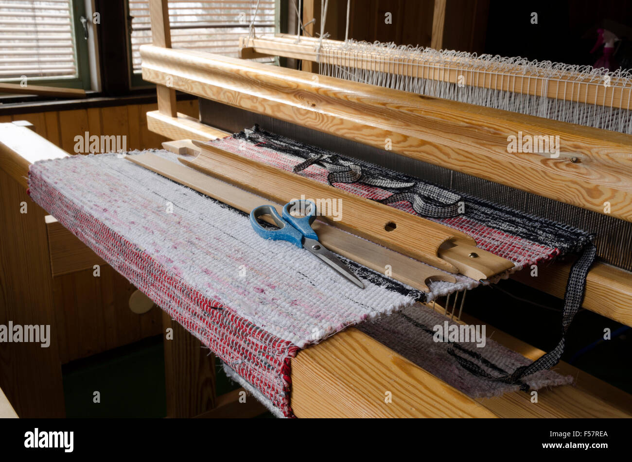 Loom with half made carpet, from the North of Sweden Stock Photo Alamy