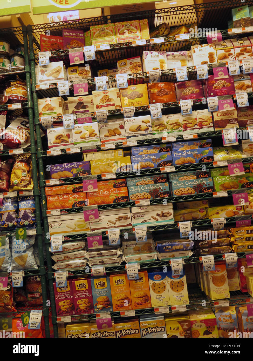Packages of cookies in an interior of grocery store in midtown Manhattan, New York City. Stock Photo