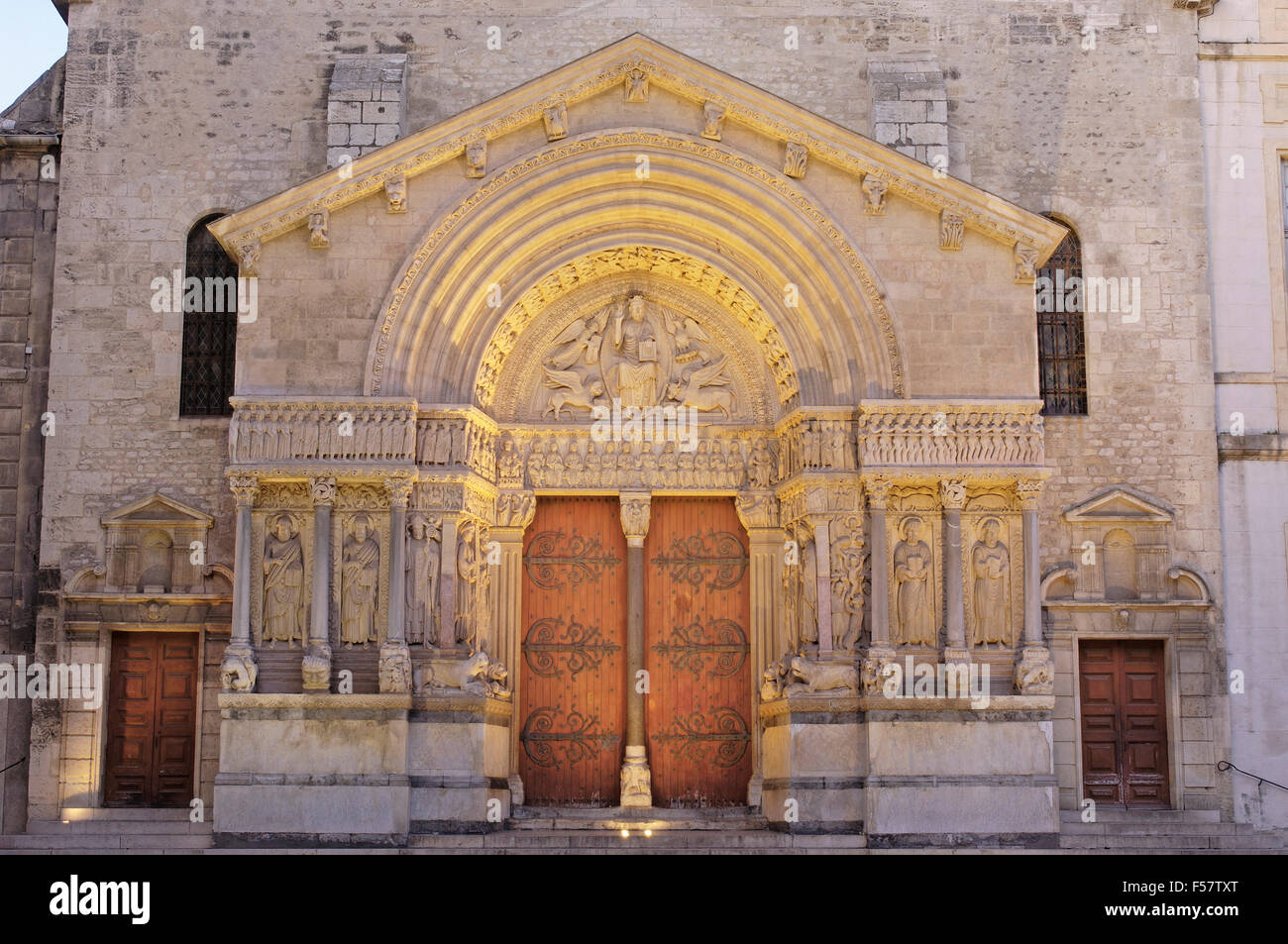 Saint Trophime cathedral at Place de la Republique at Dusk. Arles. Bouches du Rhone. Provence. France Stock Photo