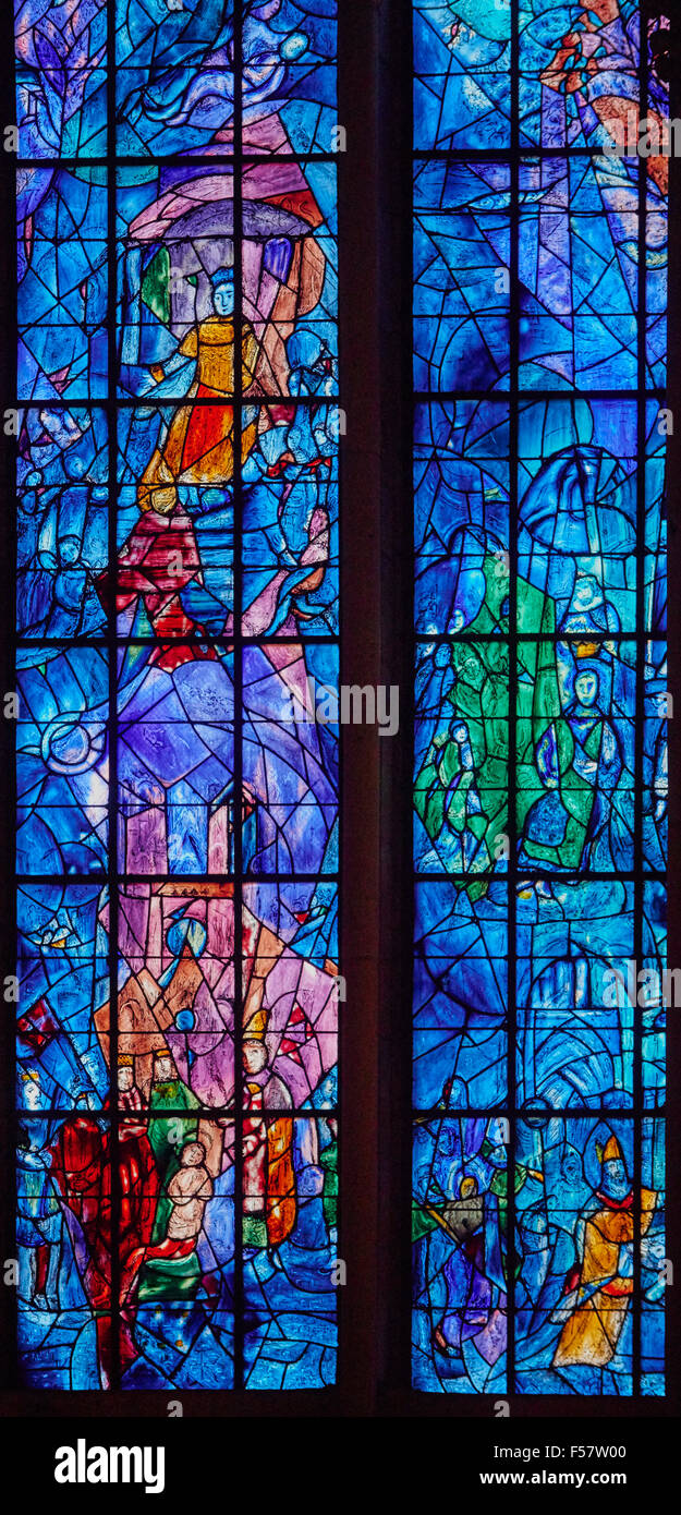 France, Champagne, Reims, Reims Cathedral, The Stained Glass Window by Marc Chagall Stock Photo