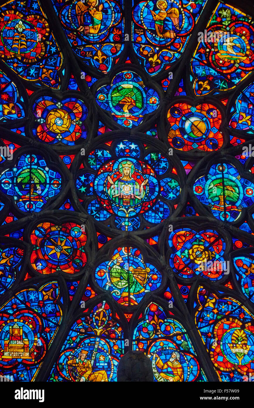 France, Champagne, Reims, Reims Cathedral, Historical stained glass windows Stock Photo