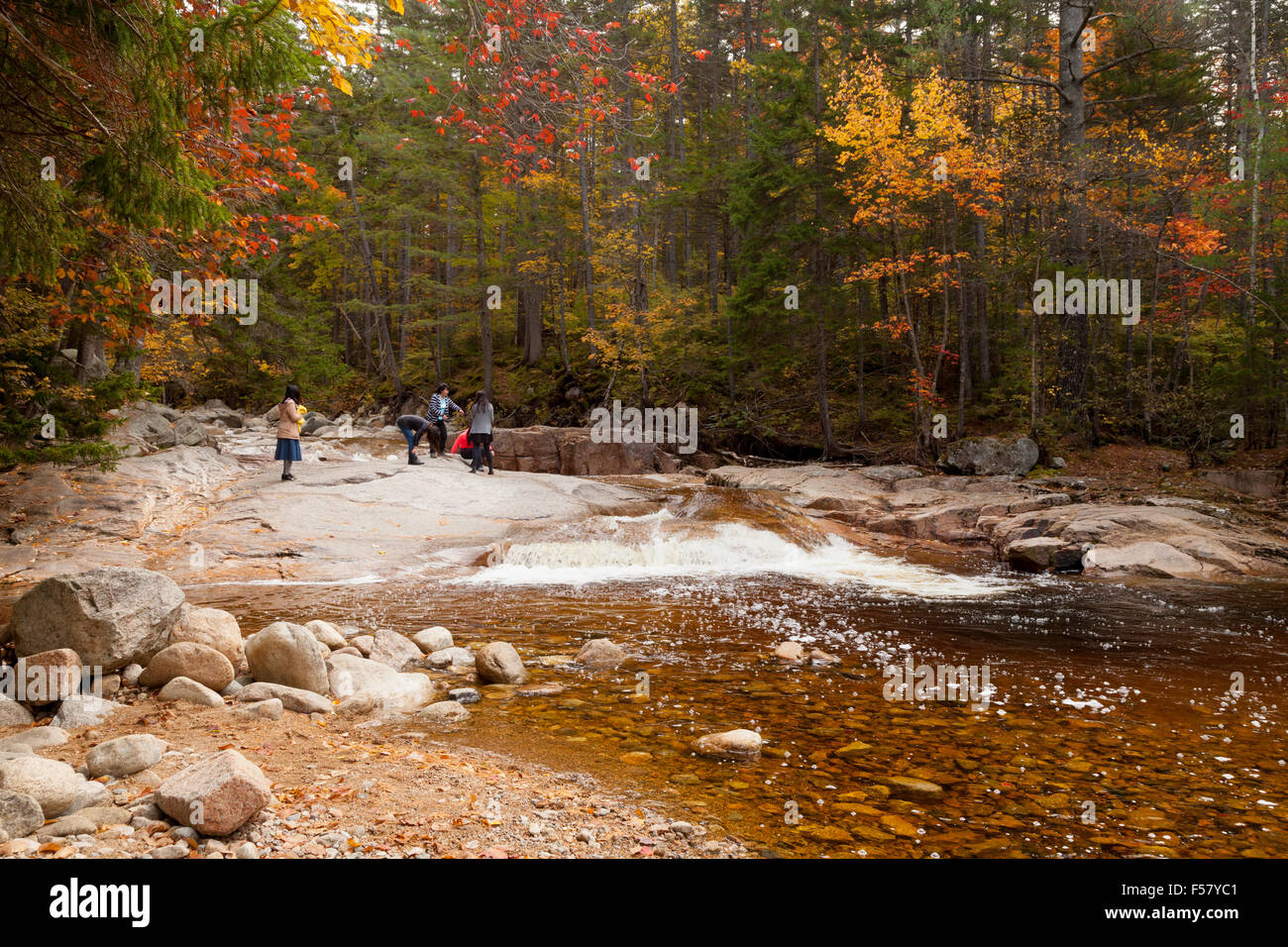 Tourists at the Pemigewasset River, Kancamagus Highway, White Mountain National Forest New Hampshire New England in autumn, USA Stock Photo