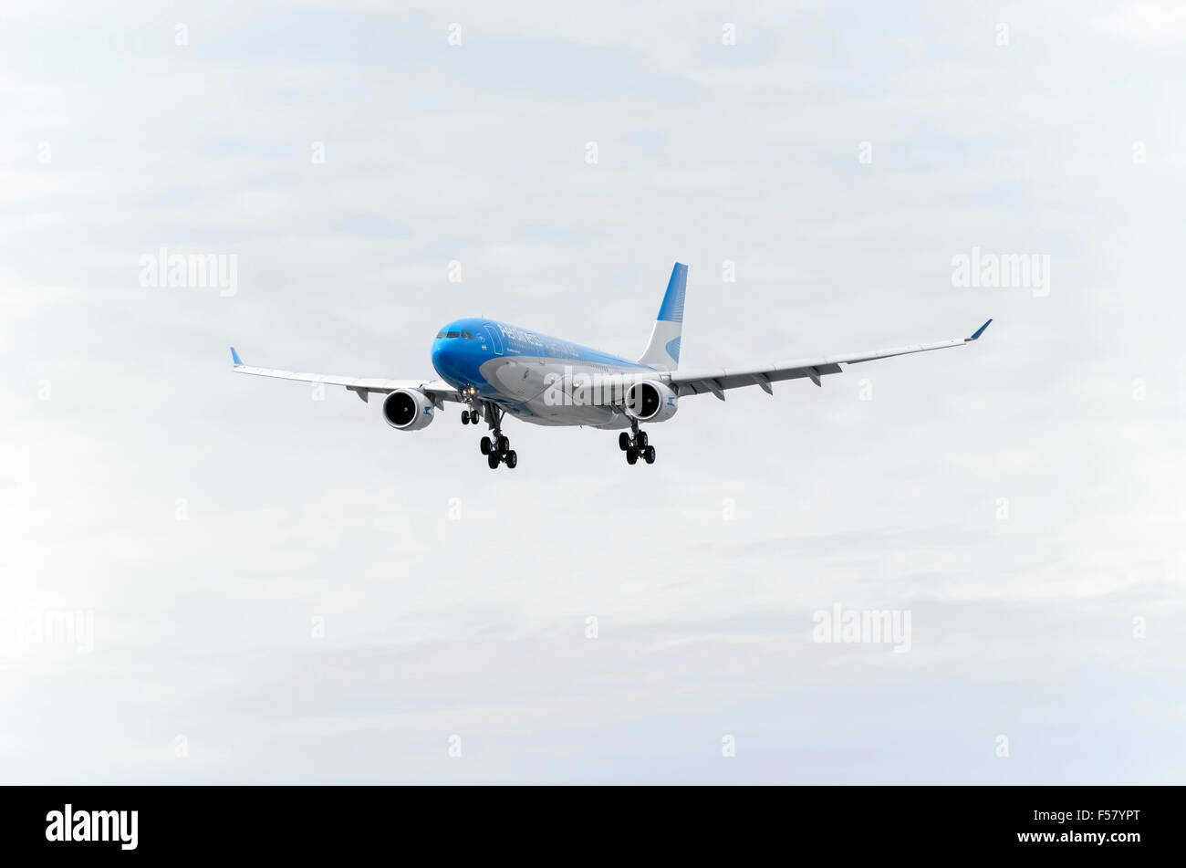 Aircraft -Airbus A330-202-, of -Aerolineas Argentinas- airline, is landing on Madrid-Barajas -Adolfo Suarez- airport Stock Photo