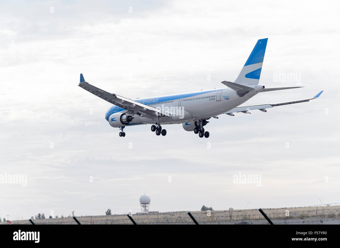 Aircraft -Airbus A330-202-, of -Aerolineas Argentinas- airline, is landing on Madrid-Barajas -Adolfo Suarez- airport Stock Photo