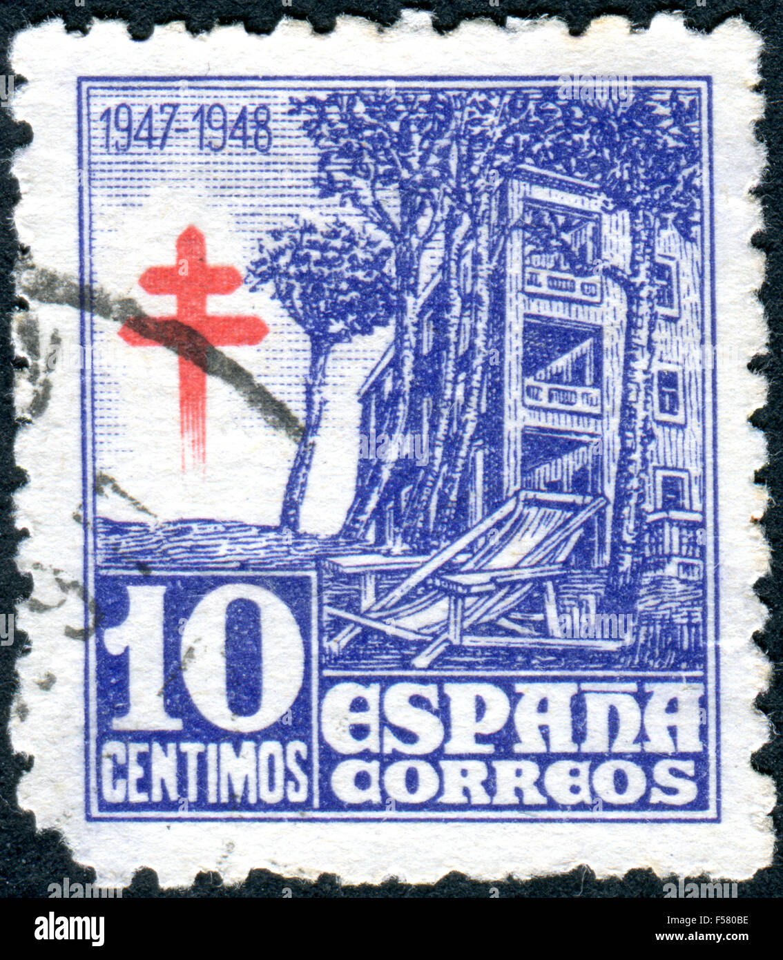 SPAIN - CIRCA 1946: Postage stamp printed in Spain, Tuberculosis Fund Issues, show Tuberculosis Sanatorium, circa 1946 Stock Photo