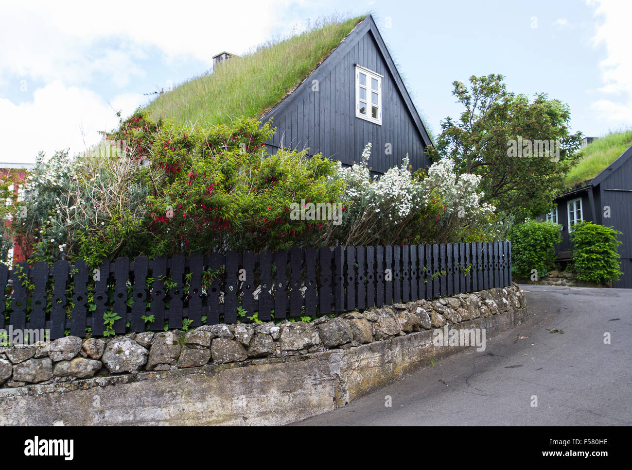 Grass roof house at Faeroer island Stock Photo