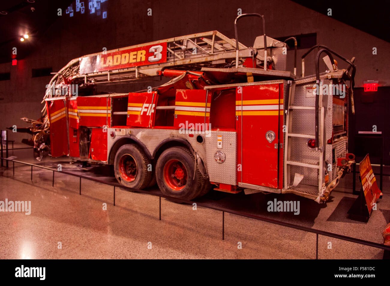 Crushed fire truck, ladder 3, National September 11 Memorial & Museum 9/11, New York City, United States of America. Stock Photo